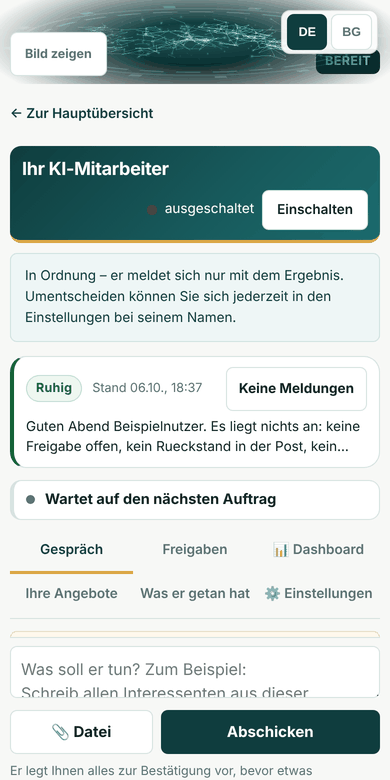 Bildschirmfoto vom Handy: der KI-Mitarbeiter mit Gespräch und Eingabefeld